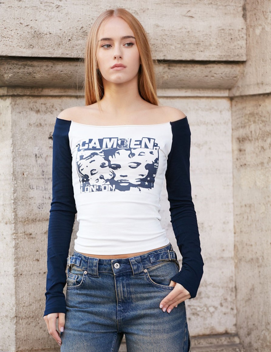 Graphic Tees Suite Benedict | Top Offshoulder Dk Navy-Offwhite