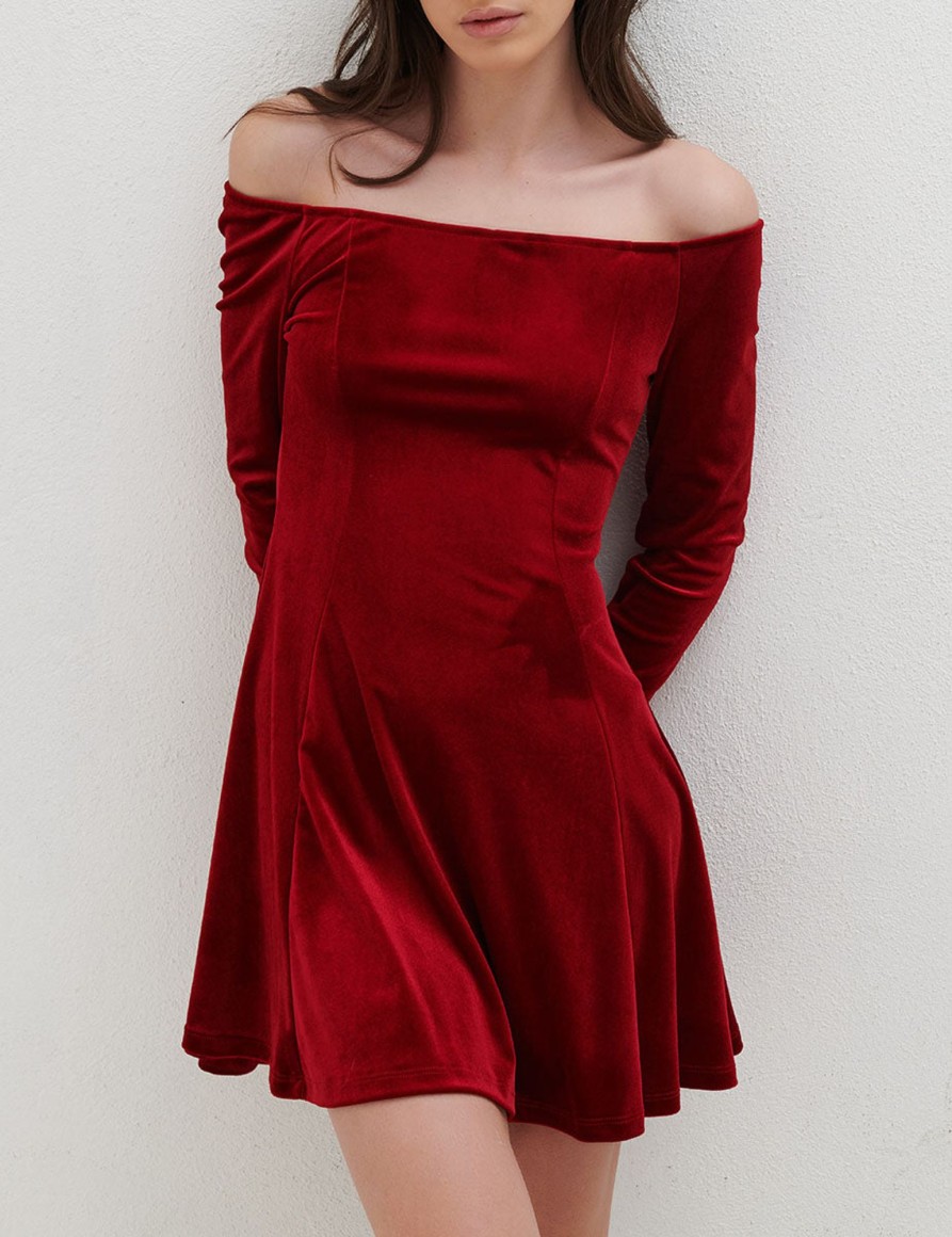 Vestiti Suite Benedict | Abito Offshoulder Svasato In Ciniglia Dk Red